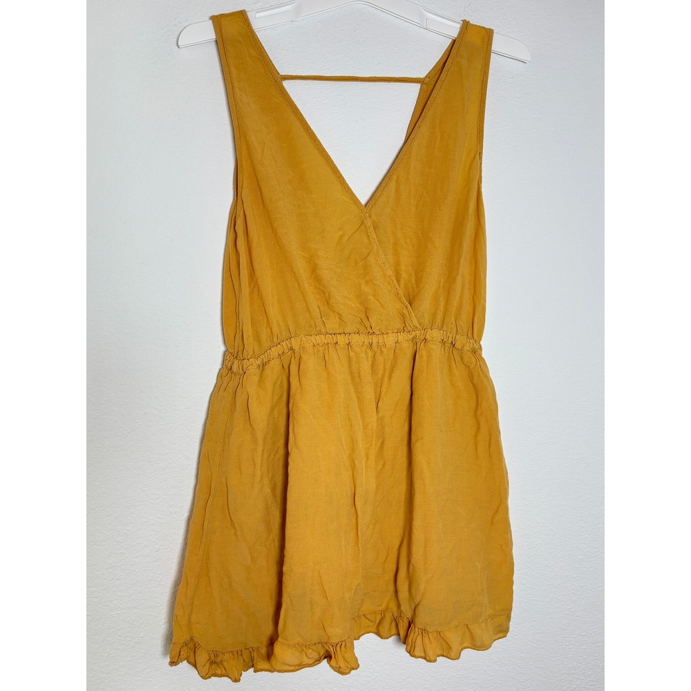Mustard Yellow Sleeveless Ruffle Hem Romper Surplice V-Neck Elastic Waist Small